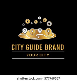 City guide golden vector logo template. Spot location design element