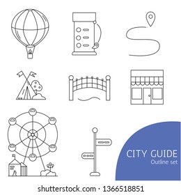 City Guide Icon Set. Outline Flat Illustrations Include Theme Park, Pointer, Route Or GPS Navigation Icon, Cafe, Camp, Gas Station, Hot Air Baloon Icon.