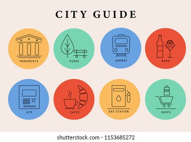 City guide icons. Line icons set with flat design elements of city cafe, parks, monuments, subway, atm, shopping, bars and gas station. Vector logo pictogram collection concept.