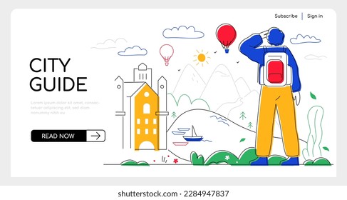 City guide - modern colorful flat design style illustration on white background. Man with backpack looks at a beautiful landscape with hills and mountains, lake and neat house or chapel. Tourism idea