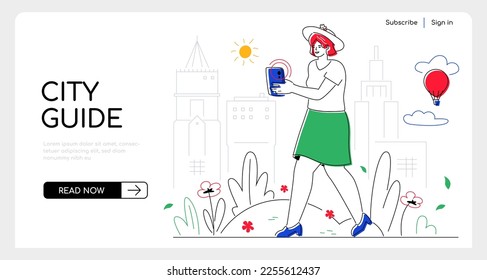 City guide - modern flat design style web banner with line elements and copy space for text. Illustration with girl holding smartphone in hands is guided by the navigator. Walking in unfamiliar place