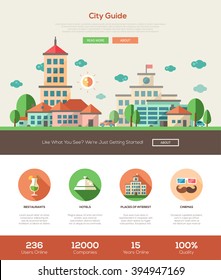 City guide one page website template layout with thin line design header, banner, icons and other flat web elements