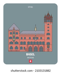 City Hall in Basel, Switzerland.  Architectural symbols of European cities. Colorful vector 