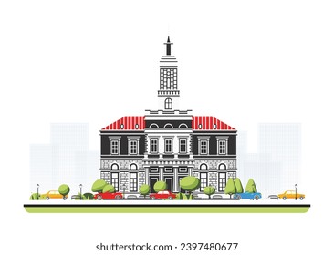 City hall building in flat style with trees and cars. Vector illustration. City scene isolated on white background. Urban architecture.