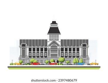 City hall building in flat style with trees and cars. Vector illustration. City scene isolated on white background. Urban architecture.