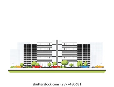 City hall building in flat style with trees and cars. Vector illustration. City scene isolated on white background. Urban architecture.