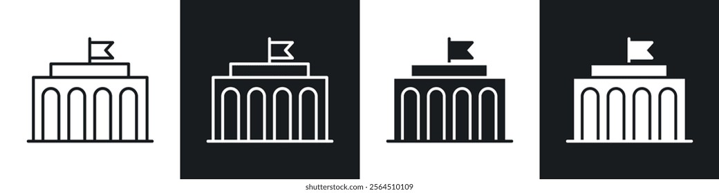 City hall building icons collection in black filled and line style.