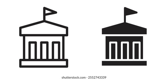 Conjunto de iconos de Vector de edificio del ayuntamiento de estilo negro relleno y delineado.