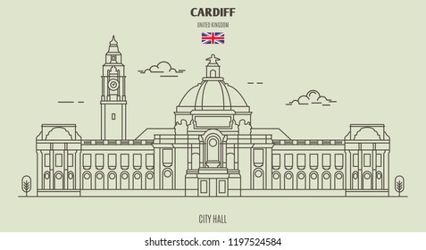 City Hall in Cardiff, UK. Landmark icon in linear style