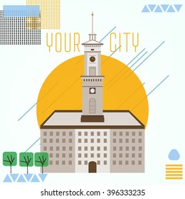 City Hall. Cartoon city hall.cartoon buildings in vector. City Hall Lviv. Vector image of a building on a minimalist yellow background. Abstract trees. Your city.