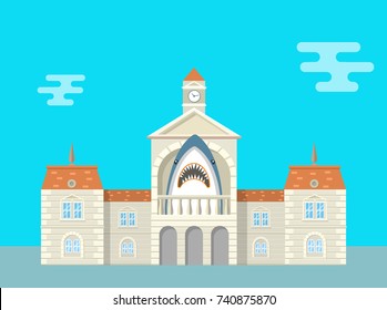 City hall or governmental institution with corrupt mayor represented by a shark