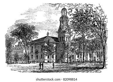 City Hall in Lawrence, Canada, vintage engraved illustration. Trousset encyclopedia (1886 - 1891).