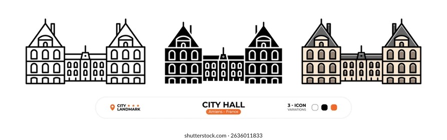 City Hall Line Icon, Amiens, France Landmark, Silhouette, Color Vector, Editable Stroke.
