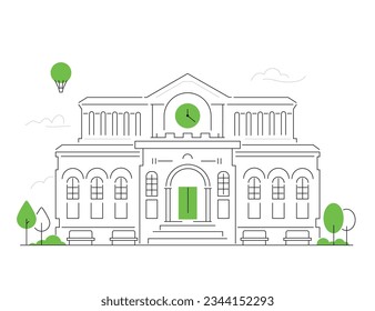 City Hall - modern line design style illustration on white background. Composition with public building with large clock on the facade. Library or university. Campus building architecture