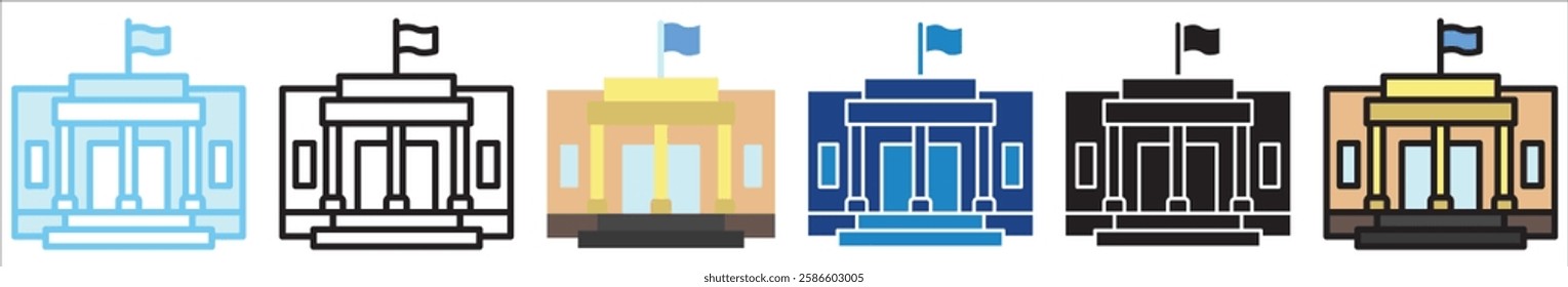 City Hall multi style, mini illustration icon. outline, flat, glyph, line color, UI, UX, app and web, digital or print. For education, construction, transportation, environment, urban planning.