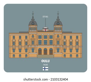 City hall in Oulu, Finland. Architectural symbols of European citiesю Colorful vector 