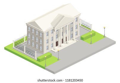 City hall or parliament house building isometric vector illustration. Isolated modern architecture with classic white facade design of bank or court with fence