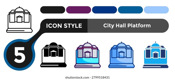 City Hall Platform icon for representing official digital systems, governance interfaces, and public service access tools. Line, Filled, Color, Blue, Dualtone style.