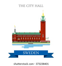 City Hall in Stockholm Sweden. Flat cartoon style historic sight showplace attraction web site vector illustration. World countries cities vacation travel sightseeing collection.