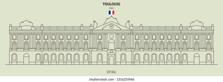 City Hall in Toulouse, France. Landmark icon in linear style