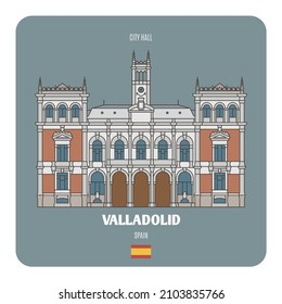 Ayuntamiento de Valladolid, España. Símbolos arquitectónicos de las ciudades europeas. Vector colorido 