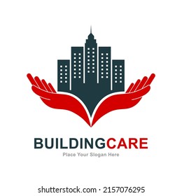 Ciudad con plantilla vectorial de logotipo de cuidado manual. Adecuado para negocios, salud y medio ambiente
