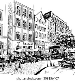 City Hand Drawn. Cafe Sketch, Vector Illustration