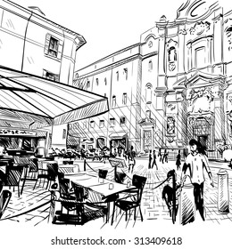 City hand drawn. Cafe sketch, vector illustration