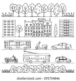 City hand drawn doodle borders. Vector  illustration for backgrounds, web design, design elements, textile prints, covers