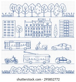 City hand drawn doodle borders on squared background. Vector  illustration for backgrounds, web design, design elements, textile prints, covers