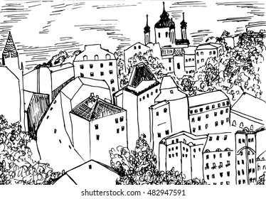City hand drawn in sketch-style. Vector illustration