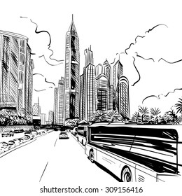 City hand drawn. Street sketch, vector illustration