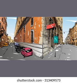 City hand drawn. Street sketch, vector illustration