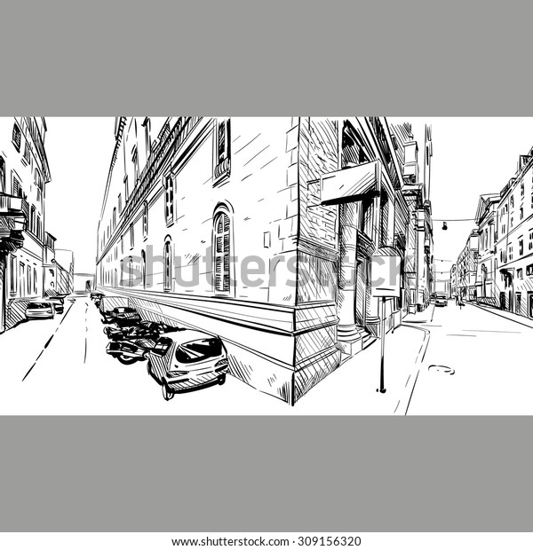 City hand
drawn. Street sketch, vector
illustration