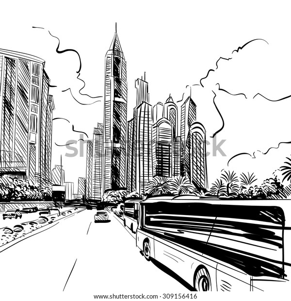 City hand\
drawn. Street sketch, vector\
illustration