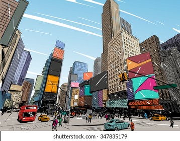 City hand drawn unique perspectives, vector illustration. New York city Times square