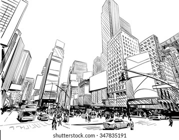 Perspectivas únicas dibujadas a mano por la ciudad, ilustración vectorial. Plaza Times de Nueva York Vector de stock