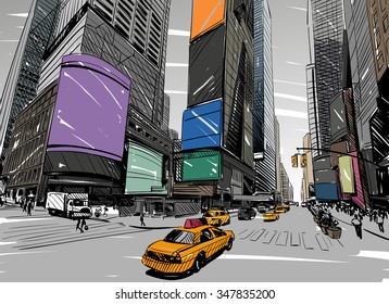 City hand drawn unique perspectives, vector illustration. New York city Times square