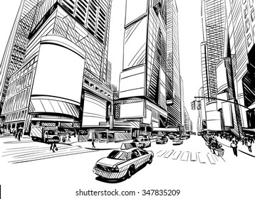 City hand drawn unique perspectives, vector illustration. New York city Times square