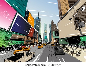 City hand drawn unique perspectives, vector illustration. New York city Times square