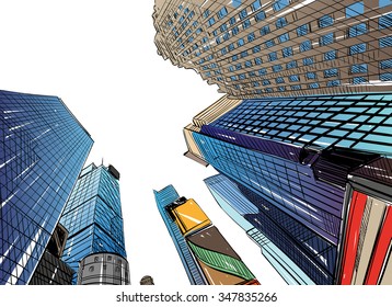 City hand drawn unique perspectives, vector illustration. New York city Times square