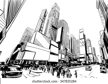 City hand drawn unique perspectives, vector illustration. New York city Times square