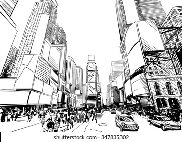 Perspectivas únicas dibujadas a mano por la ciudad, ilustración vectorial. Plaza Times de Nueva York Vector de stock
