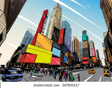 City hand drawn unique perspectives, vector illustration. New York city Times square Vector de stock