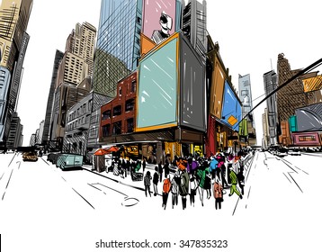 City hand drawn unique perspectives, vector illustration. New York city Times square