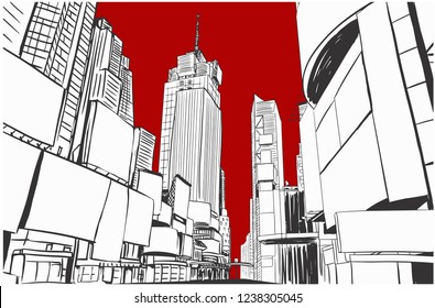 City Hand Drawn Vector Illustration. New York City Times Square. Blank Billboard In City.