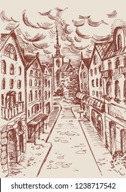 City hand drawn vector illustration. Street sketch, old town, cityscape, architectural landscape in vintage style
