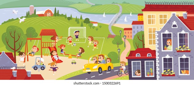 City with happy kids playing in the yard. Landscape with colorful european city, green fields, river. Kids summer activities outdoors. Green colorful city background.