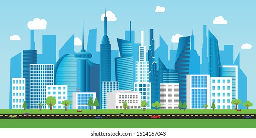 The city has tall buildings, cars, parks, blue sky