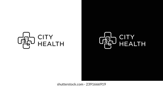 City Health Logo Design. Cross Health and Buliding. SYmbol Icon Vector Illustration.